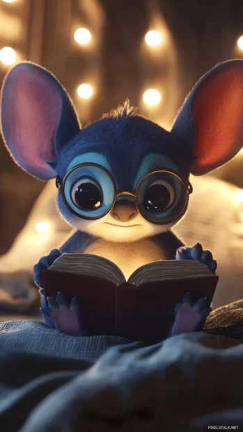 3D Stitch wearing tiny round glasses reading a tiny book with soft light.