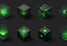 3D cube designs in Green Geometric style with glowing green accents and minimal lighting.