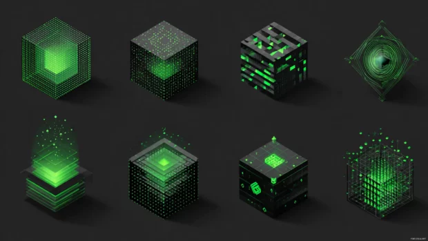 3D cube designs in Green Geometric style with glowing green accents and minimal lighting.