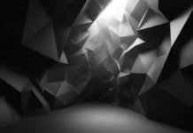 3d black and white geometric wallpaper showing layered polygons emerging from dark void with subtle lighting.