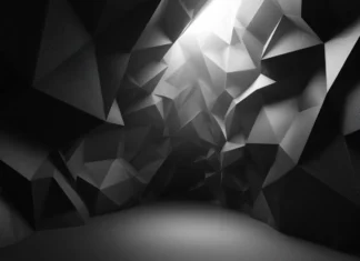 3d black and white geometric wallpaper showing layered polygons emerging from dark void with subtle lighting.