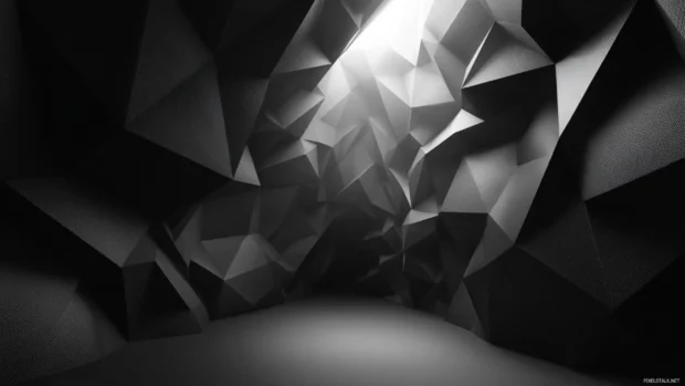 3d black and white geometric wallpaper showing layered polygons emerging from dark void with subtle lighting.