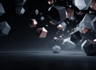 3d geometric desktop wallpaper showing rotating polyhedrons emerging from dark void under soft spotlight.