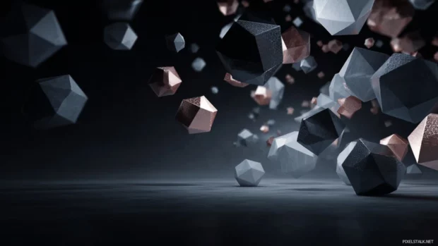 3d geometric desktop wallpaper showing rotating polyhedrons emerging from dark void under soft spotlight.