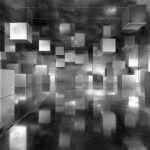 3d geometric wallpaper with floating cubes casting dramatic shadows across reflective surface.
