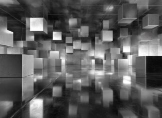 3d geometric wallpaper with floating cubes casting dramatic shadows across reflective surface.