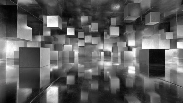 3d geometric wallpaper with floating cubes casting dramatic shadows across reflective surface.