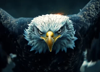4K American eagle wallpaper showing the eagle in ultra crisp detail with glowing light flaring through wings.