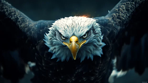 4K American eagle wallpaper showing the eagle in ultra crisp detail with glowing light flaring through wings.