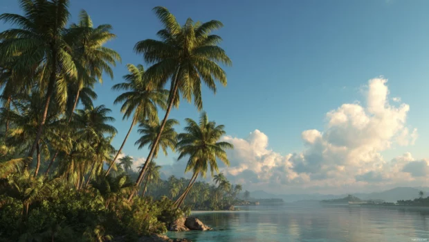 4K detailed shot of palm tree clusters along a peaceful tropical bay.