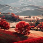 4K fall MacBook wallpaper depicting high resolution vista of rolling hills crowned by crimson autumn trees.
