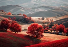 4K fall MacBook wallpaper depicting high resolution vista of rolling hills crowned by crimson autumn trees.
