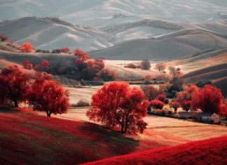 4K fall MacBook wallpaper depicting high resolution vista of rolling hills crowned by crimson autumn trees.
