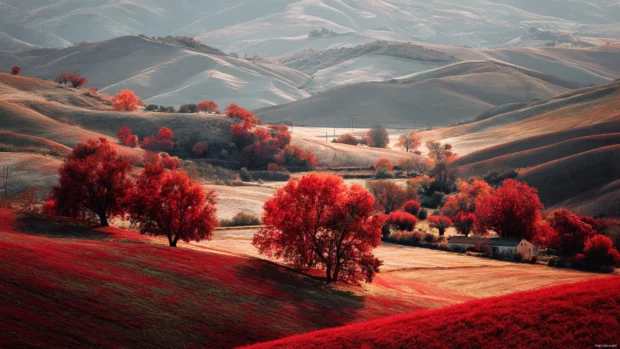 4K fall MacBook wallpaper depicting high resolution vista of rolling hills crowned by crimson autumn trees.