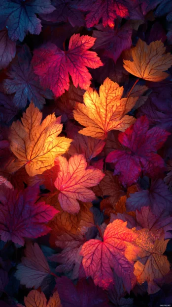 4K fall vibes wallpaper showing high resolution tapestry of glowing autumn leaves.