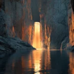 4K image of a Waterfall gracefully pouring through a narrow canyon with smooth stone walls and glowing water reflections.
