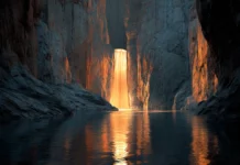 4K image of a Waterfall gracefully pouring through a narrow canyon with smooth stone walls and glowing water reflections.