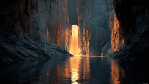4K image of a Waterfall gracefully pouring through a narrow canyon with smooth stone walls and glowing water reflections.