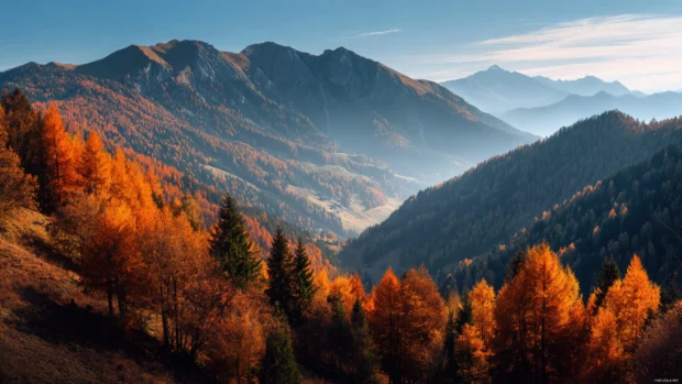 4k autumn trees wallpaper panoramic vista of mountain ridge lined by fiery autumn trees under crystal blue sky.