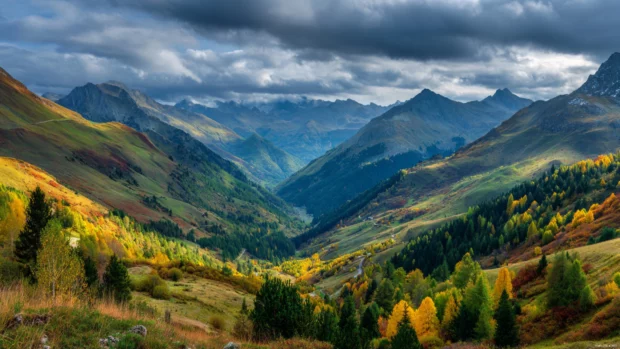 4k fall landscape wallpaper illustrating panoramic mountain valleys bursting in autumn colors under dramatic clouds.