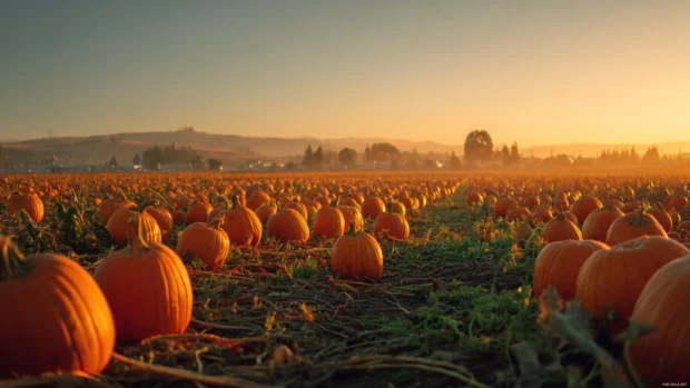 4k fall pumpkin wallpaper featuring a vast pumpkin patch under golden hour sunlight stretching to horizon.