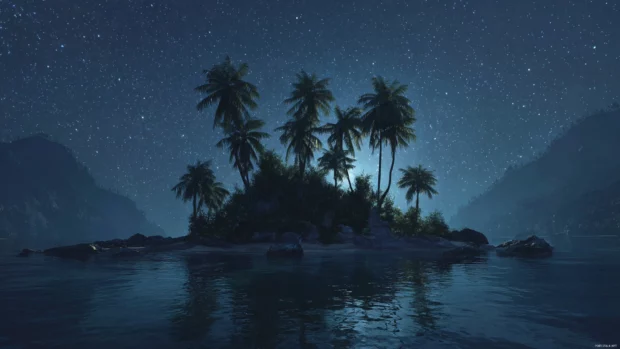 4k palm tree desktop scene showing moonlit palms on quiet island encompassed by starry sky.