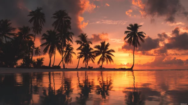 4k palm tree wallpapers with dramatic sunset casting long palm shadows over reflective shore.