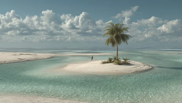 4k palm trees desktop portrait showing lone palm on deserted sandbar surrounded by shallow lagoon.