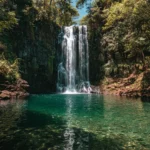 4k waterfall iPhone wallpaper capturing tall curtain of water spilling into emerald lagoon under clear sky.