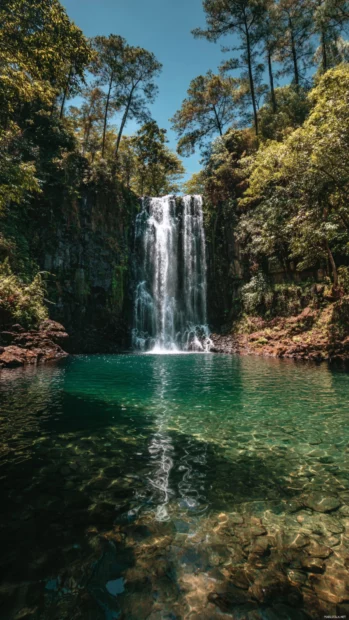 4k waterfall iPhone wallpaper capturing tall curtain of water spilling into emerald lagoon under clear sky.