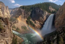 4k waterfall rainbow wallpaper capturing crystal clear water plunging into deep canyon pool with brilliant full rainbow across the mist.