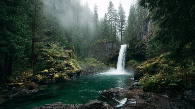 4k waterfall wallpaper featuring a majestic cascade plunging into emerald pool surrounded by misty forest.