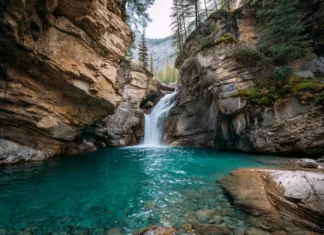 4k waterfall wallpaper showcasing a wide curtain of water spilling from rocky cliff into turquoise basin.