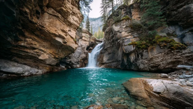 4k waterfall wallpaper showcasing a wide curtain of water spilling from rocky cliff into turquoise basin.