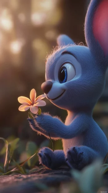A 3D Stitch holding a tiny flower up close with delicate fur details.