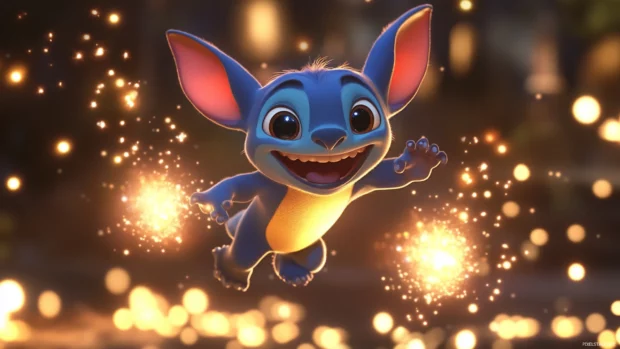 A 3D Stitch jumping out of the screen with a playful grin surrounded by sparkles.