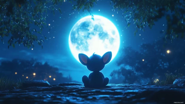 A 3D cinematic style image of Stitch sitting quietly under a glowing moon.
