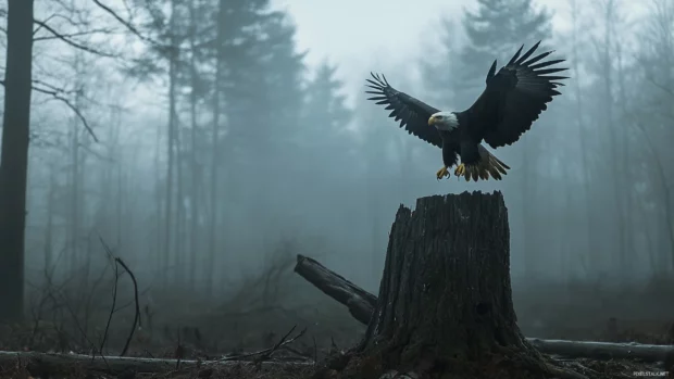 A Bald Eagle landing on a tree stump in a foggy forest.