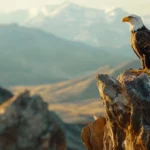 A Bald Eagle perched atop a rocky cliff gazing at the valley below.