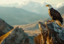 A Bald Eagle perched atop a rocky cliff gazing at the valley below.