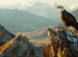 A Bald Eagle perched atop a rocky cliff gazing at the valley below.