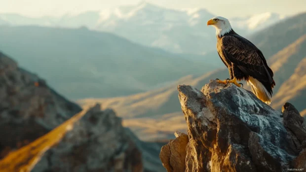 A Bald Eagle perched atop a rocky cliff gazing at the valley below.