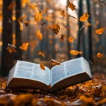 A Book opened in the middle of a quiet forest with leaves gently falling around.