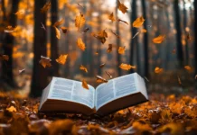 A Book opened in the middle of a quiet forest with leaves gently falling around.