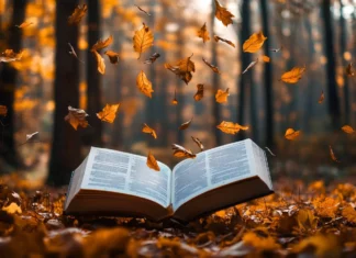 A Book opened in the middle of a quiet forest with leaves gently falling around.