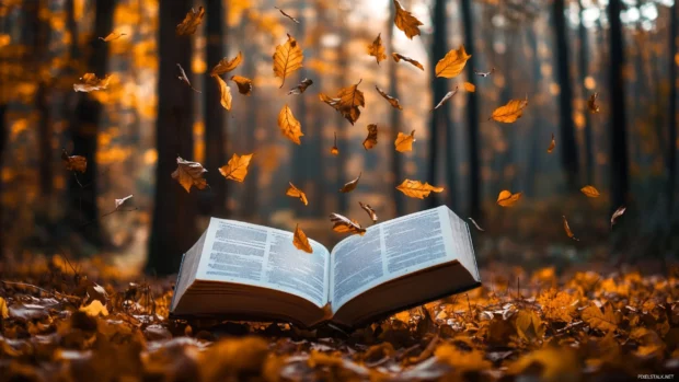 A Book opened in the middle of a quiet forest with leaves gently falling around.