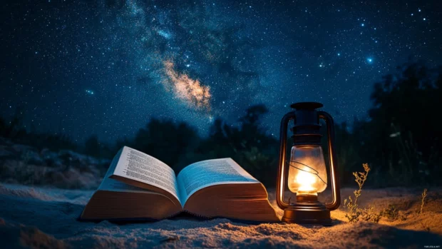 A Book opened under a starry night sky with a lantern beside it.