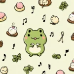 A Chibi style frog surrounded by tiny musical notes and mochi desserts for a charming Kawaii Frog Wallpaper.