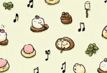 A Chibi style frog surrounded by tiny musical notes and mochi desserts for a charming Kawaii Frog Wallpaper.