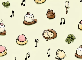 A Chibi style frog surrounded by tiny musical notes and mochi desserts for a charming Kawaii Frog Wallpaper.